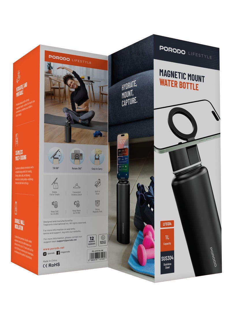 Water Bottle with Magnetic Mount 1L /  Magsafe / Stable / Double Wall / Keeps Cold and Warm / with Straw / Bottle for Gym/ Workout/Outdoor/Camping & Hiking - Black