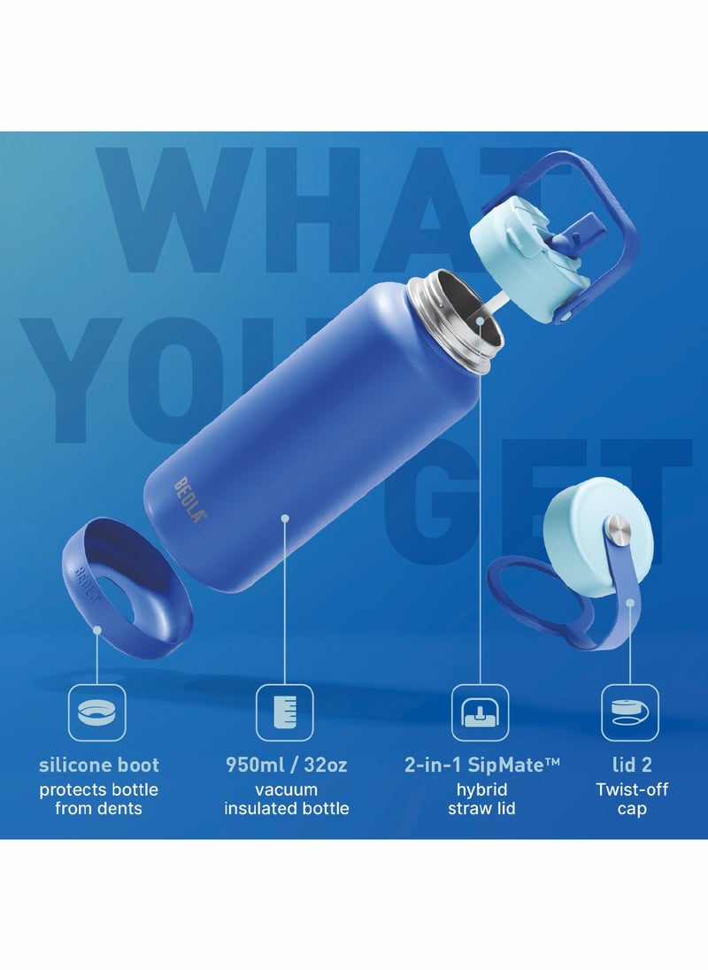 950ml Water Bottle 18/8 Stainless Steel 304 Double Wall Insulated Thermos Bottle with Straw Lid and wide mouth, 2 lids included, Hot Cold Liquids Sports Bottle bella, 32oz (Lavender)