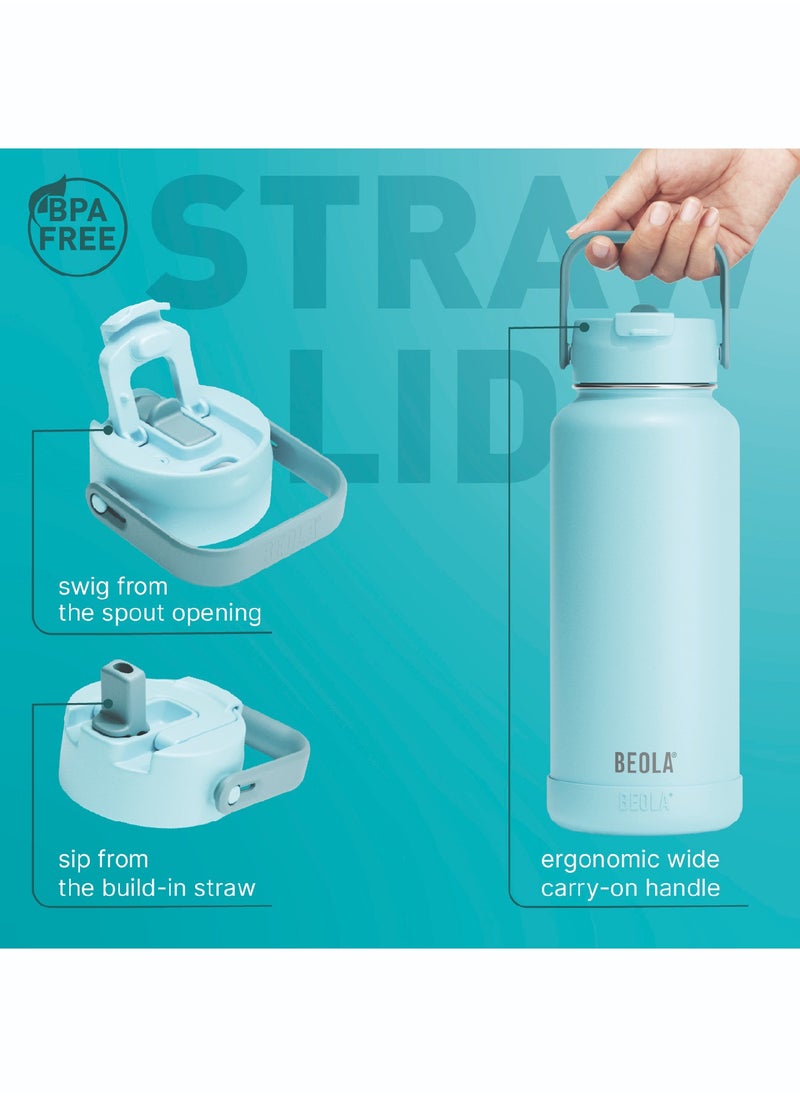 950ml Water Bottle 18/8 Stainless Steel 304 Double Wall Insulated Thermos Bottle with Straw Lid and wide mouth, 2 lids included, Hot Cold Liquids Sports Bottle bella, 32oz (Sage Mist)