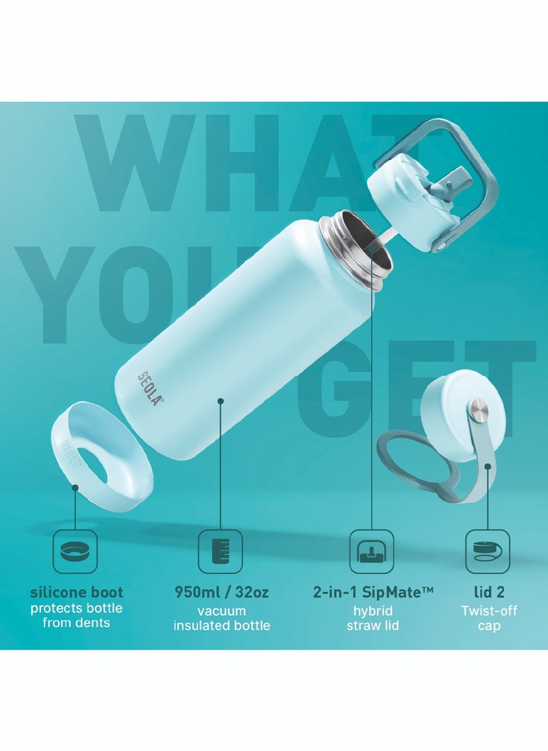 950ml Water Bottle 18/8 Stainless Steel 304 Double Wall Insulated Thermos Bottle with Straw Lid and wide mouth, 2 lids included, Hot Cold Liquids Sports Bottle bella, 32oz (Sage Mist)