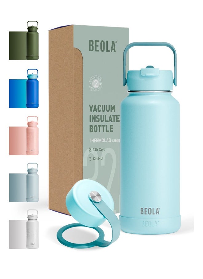 950ml Water Bottle 18/8 Stainless Steel 304 Double Wall Insulated Thermos Bottle with Straw Lid and wide mouth, 2 lids included, Hot Cold Liquids Sports Bottle bella, 32oz (Sage Mist)