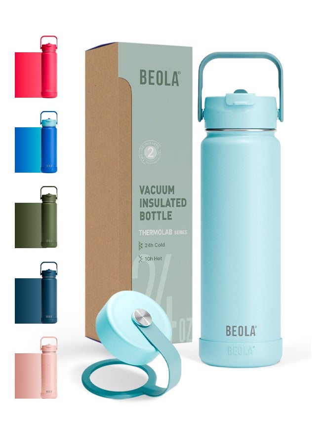 750ml Water Bottle 18/8 Stainless Steel 304 Double Wall Insulated Thermos Bottle with Straw Lid and wide mouth, 2 lids included, Hot Cold Liquids Sports Bottle, 24oz (Sage Mist)