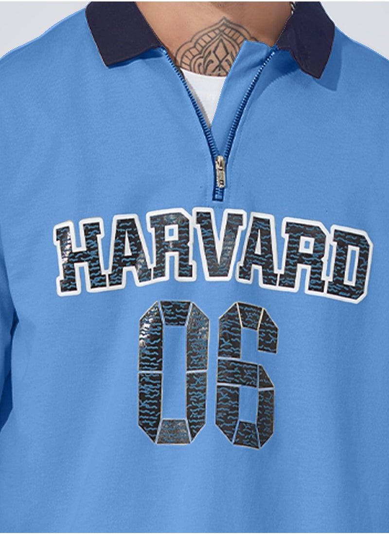Men Polo Neck Full Sleeve Blue Cotton Sweatshirt