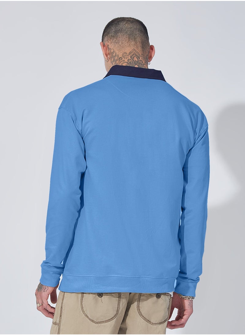 Men Polo Neck Full Sleeve Blue Cotton Sweatshirt