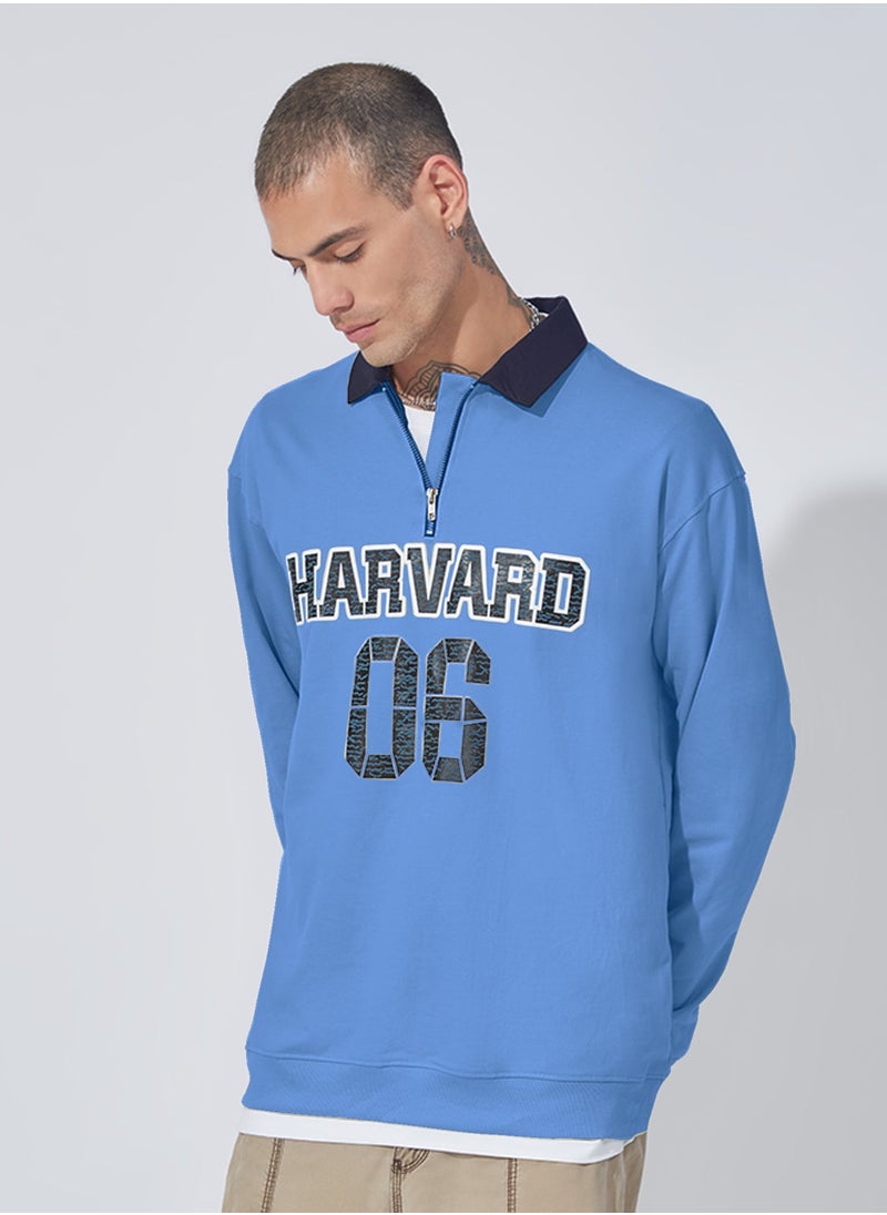 Men Polo Neck Full Sleeve Blue Cotton Sweatshirt