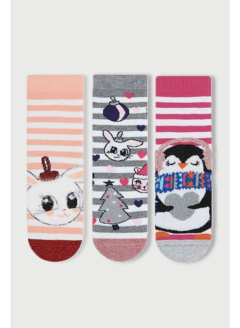 3-Piece Glittery Rabbit-Penguin Patterned Anti-Slip Towel Children's Socks