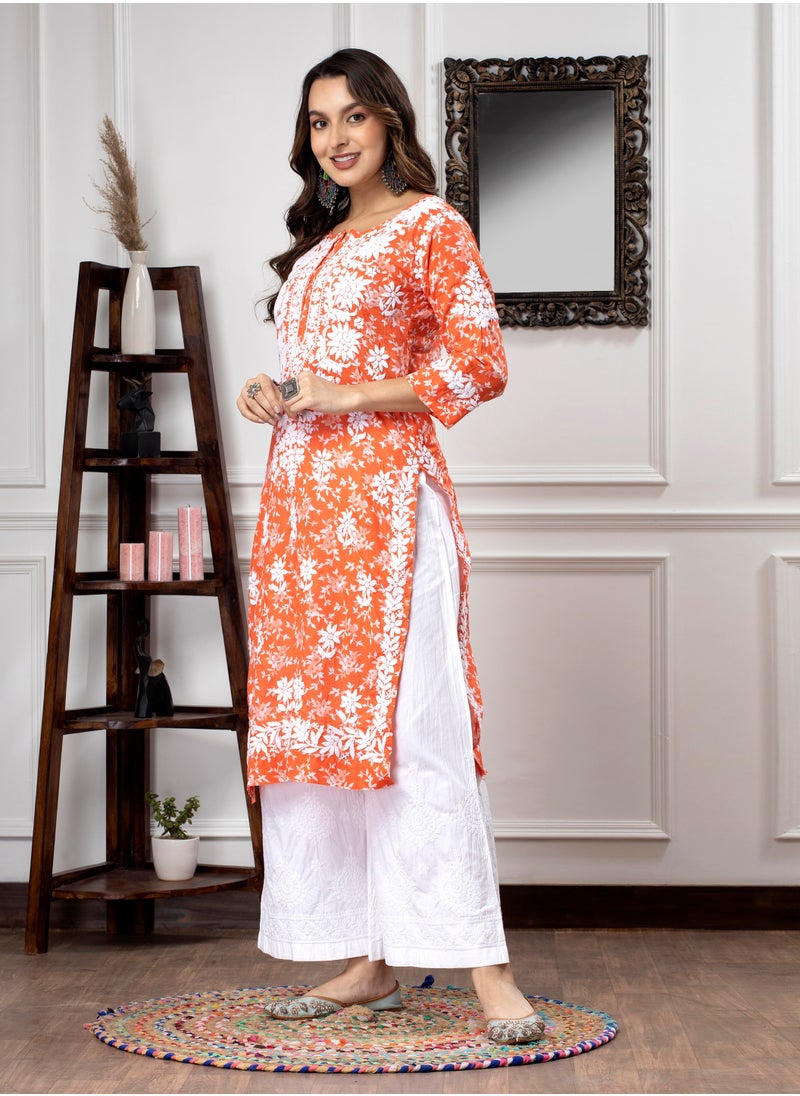 Hand Embroidered Chikankari Mulmul Cotton Kurta-AL3648