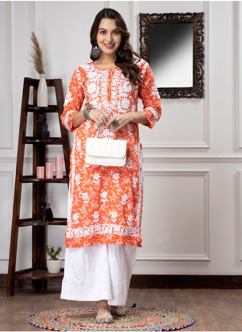 Hand Embroidered Chikankari Mulmul Cotton Kurta-AL3648