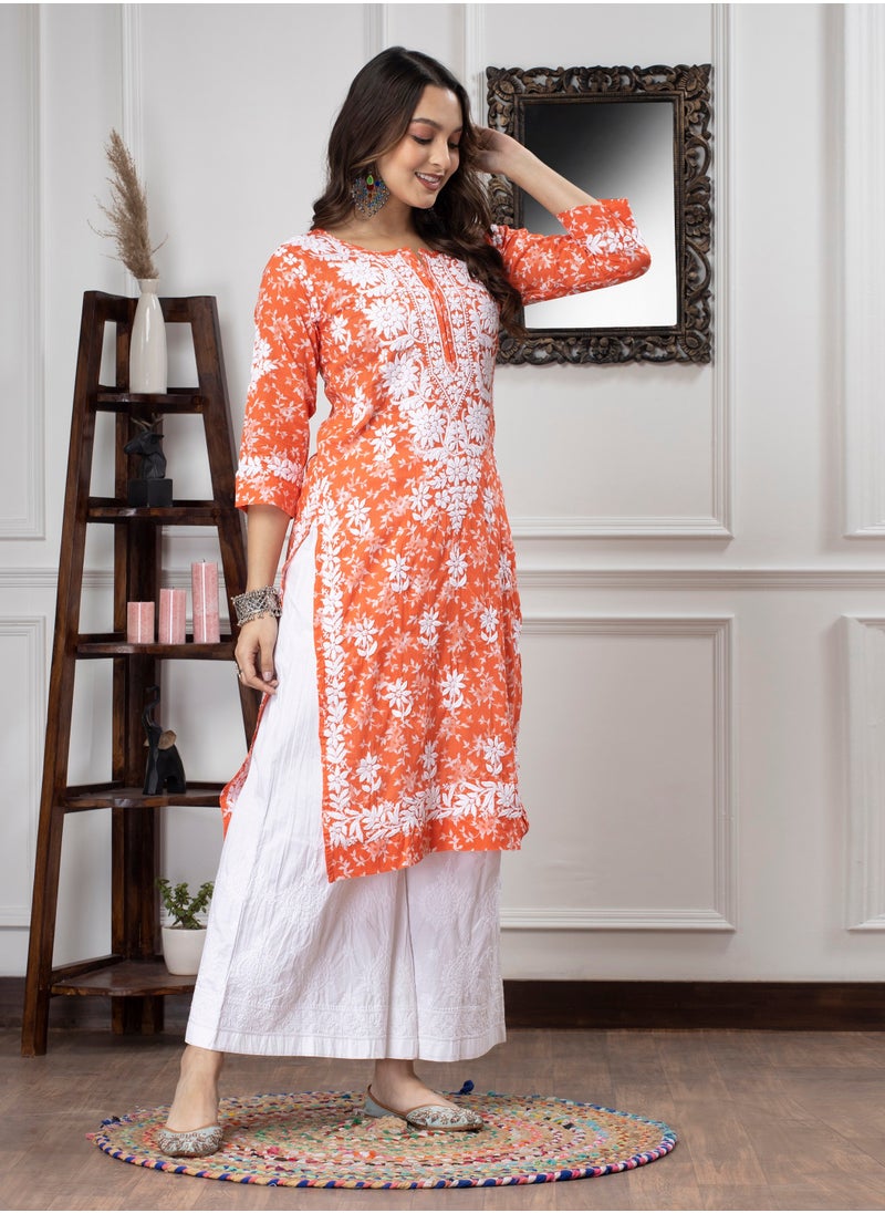 Hand Embroidered Chikankari Mulmul Cotton Kurta-AL3648