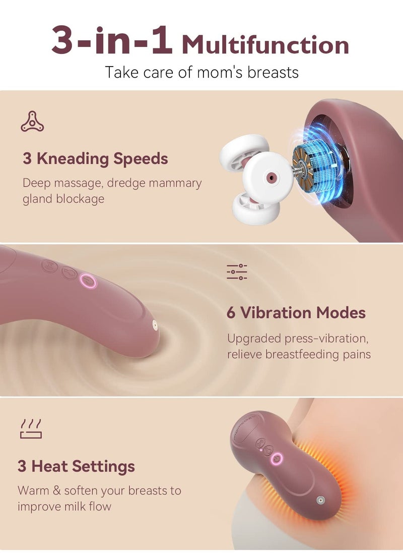 Kneading Lactation Massager with Heat, 3-in-1 Real-Like Massage for Relieve Clogged Ducts, Breast Massager Warming for Breastfeeding, Improve Milk Flow, Dusty Rose