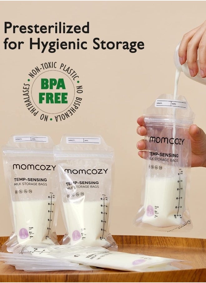 Breast milk Bags, Temp-Sensing Discoloration Milk Storing Bags for Breastfeeding, Disposable Milk Storage Bag with 6 Ounce Self Standing, No-Leak Milk Freezer Storage Pouches