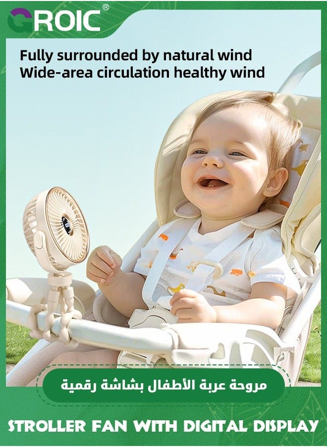 Baby Stroller Fan, Portable LED Light Fan Pram 3600mAh Battery Operated Carriage Clip on 5 Speed Rechargeable Personal with Digital Display for Car Seat Crib Treadmill (Yellow)