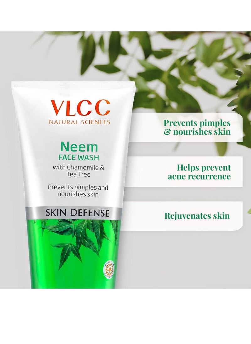 VLCC Neem Face Wash with Chamomile & Tea Tree | Anti-Acne Facial Cleanser with Soothing Properties | 5.07 Fl Oz/150 ml (Pack of 2)