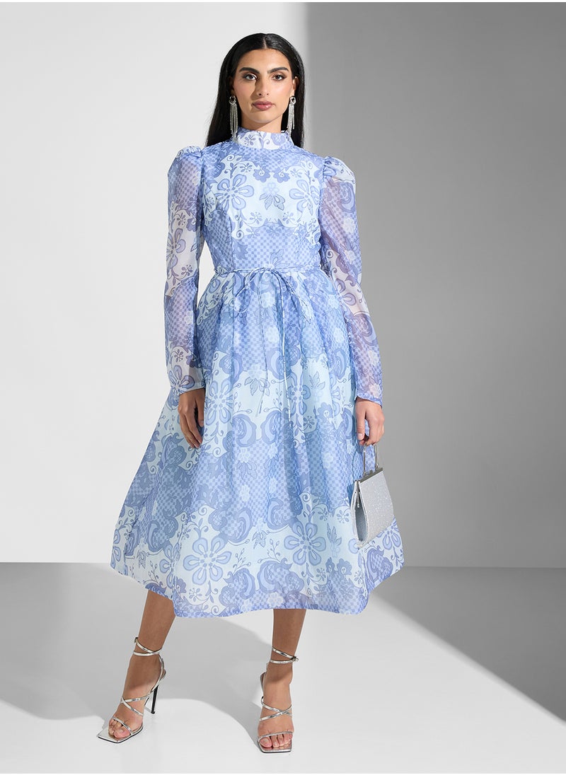 Floral Print Lace Detail Detailed Dress