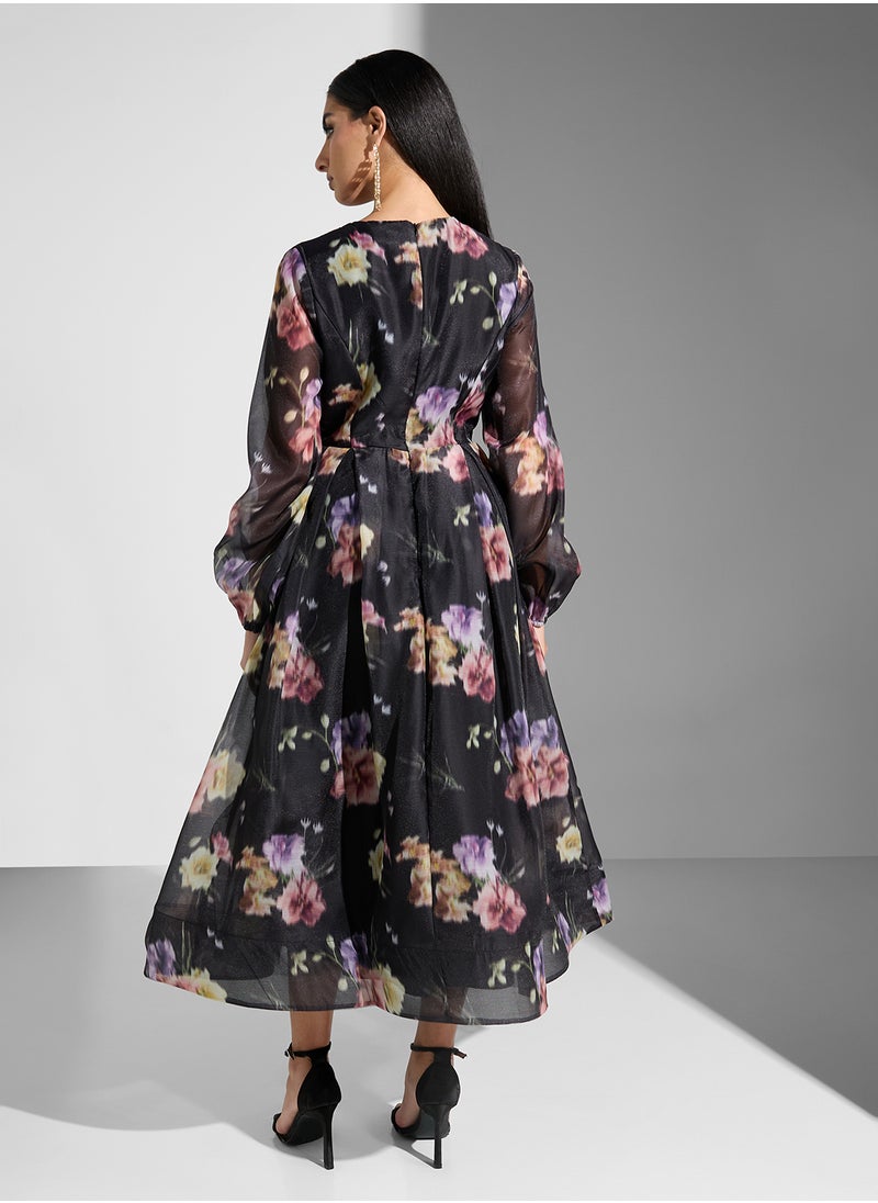 Floral Print V- Neck Maxi Dress