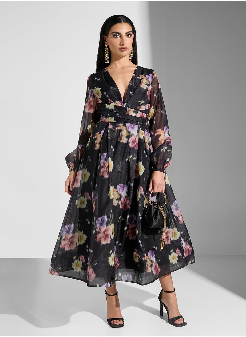 Floral Print V- Neck Maxi Dress