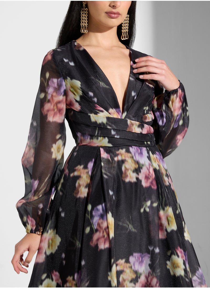 Floral Print V- Neck Maxi Dress