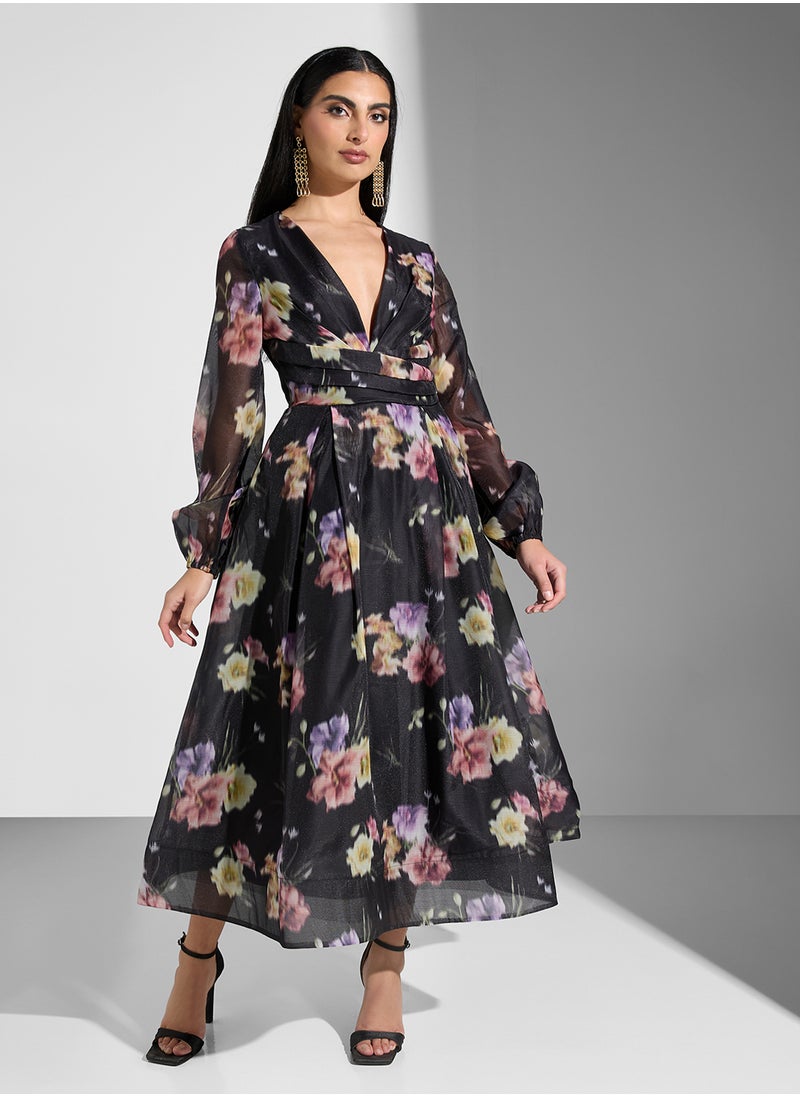 Floral Print V- Neck Maxi Dress