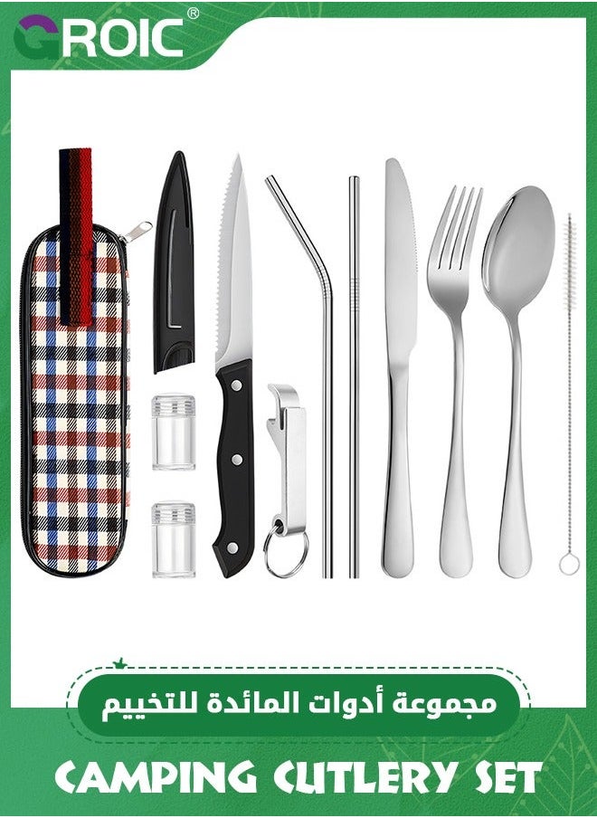 10 PCS Portable Travel Reusable Utensils Silverware with Case, Camping Cutlery set, Chopsticks and Straw Flatware, Stainless steel Utensil set Silver