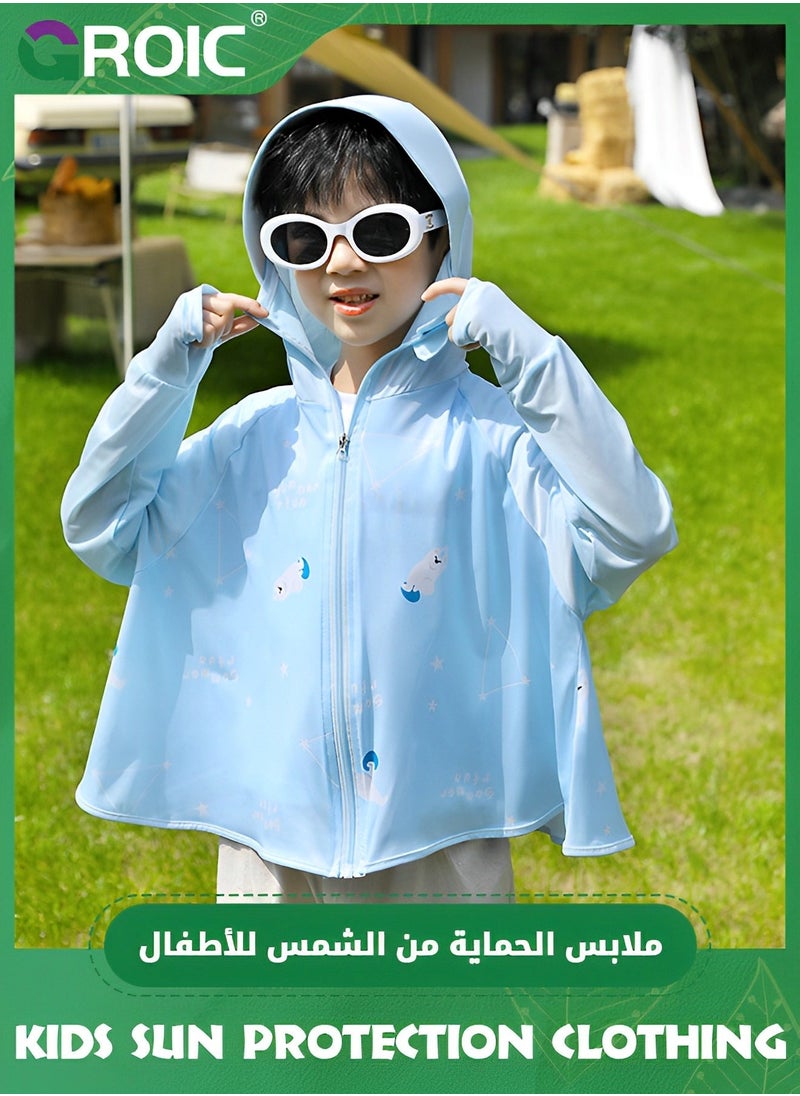 UPF 50+ UV Sun Protection Clothing for Kids, Ice Silk Long Sleeve Hoodie Shirt, Summer Elastic Quick Dry Athletic Hiking Lightweight Zipper Outdoor Jacket - Blue