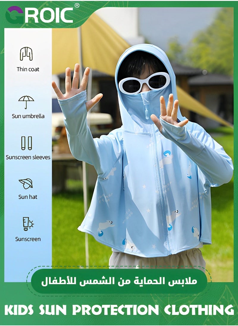 UPF 50+ UV Sun Protection Clothing for Kids, Ice Silk Long Sleeve Hoodie Shirt, Summer Elastic Quick Dry Athletic Hiking Lightweight Zipper Outdoor Jacket - Blue
