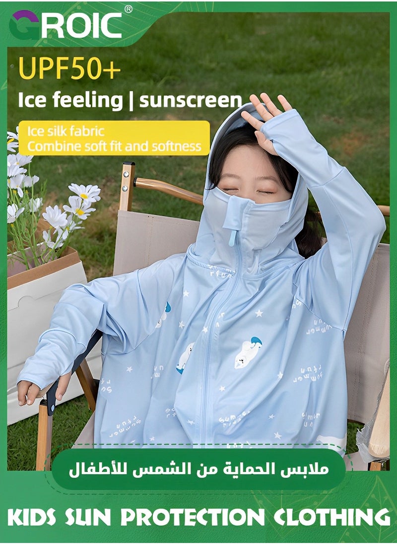 UPF 50+ UV Sun Protection Clothing for Kids, Ice Silk Long Sleeve Hoodie Shirt, Summer Elastic Quick Dry Athletic Hiking Lightweight Zipper Outdoor Jacket - Blue