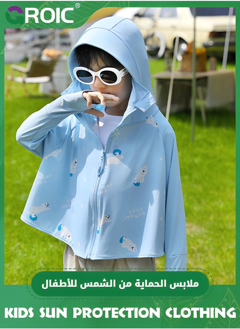 UPF 50+ UV Sun Protection Clothing for Kids, Ice Silk Long Sleeve Hoodie Shirt, Summer Elastic Quick Dry Athletic Hiking Lightweight Zipper Outdoor Jacket - Blue
