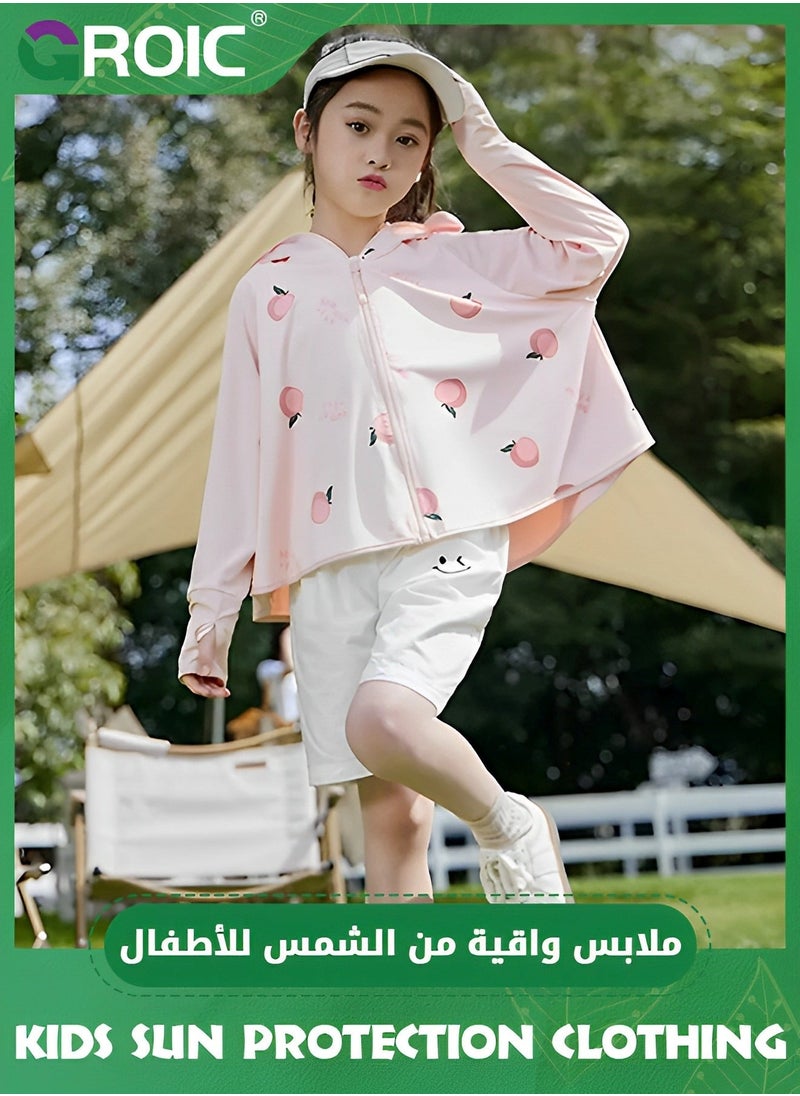 UPF 50+ UV Sun Protection Clothing for Kids, Ice Silk Long Sleeve Hoodie Shirt, Summer Elastic Quick Dry Athletic Hiking Lightweight Zipper Outdoor Jacket - Pink