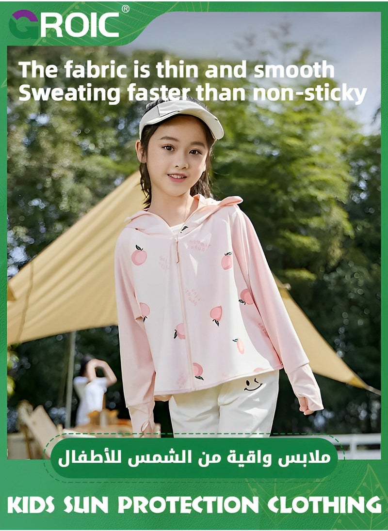 UPF 50+ UV Sun Protection Clothing for Kids, Ice Silk Long Sleeve Hoodie Shirt, Summer Elastic Quick Dry Athletic Hiking Lightweight Zipper Outdoor Jacket - Pink