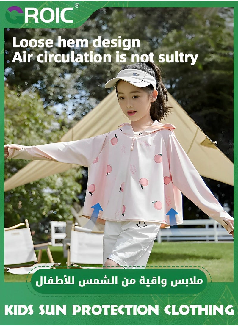UPF 50+ UV Sun Protection Clothing for Kids, Ice Silk Long Sleeve Hoodie Shirt, Summer Elastic Quick Dry Athletic Hiking Lightweight Zipper Outdoor Jacket - Pink