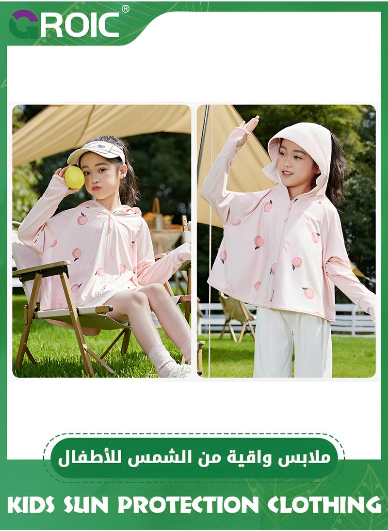 UPF 50+ UV Sun Protection Clothing for Kids, Ice Silk Long Sleeve Hoodie Shirt, Summer Elastic Quick Dry Athletic Hiking Lightweight Zipper Outdoor Jacket - Pink