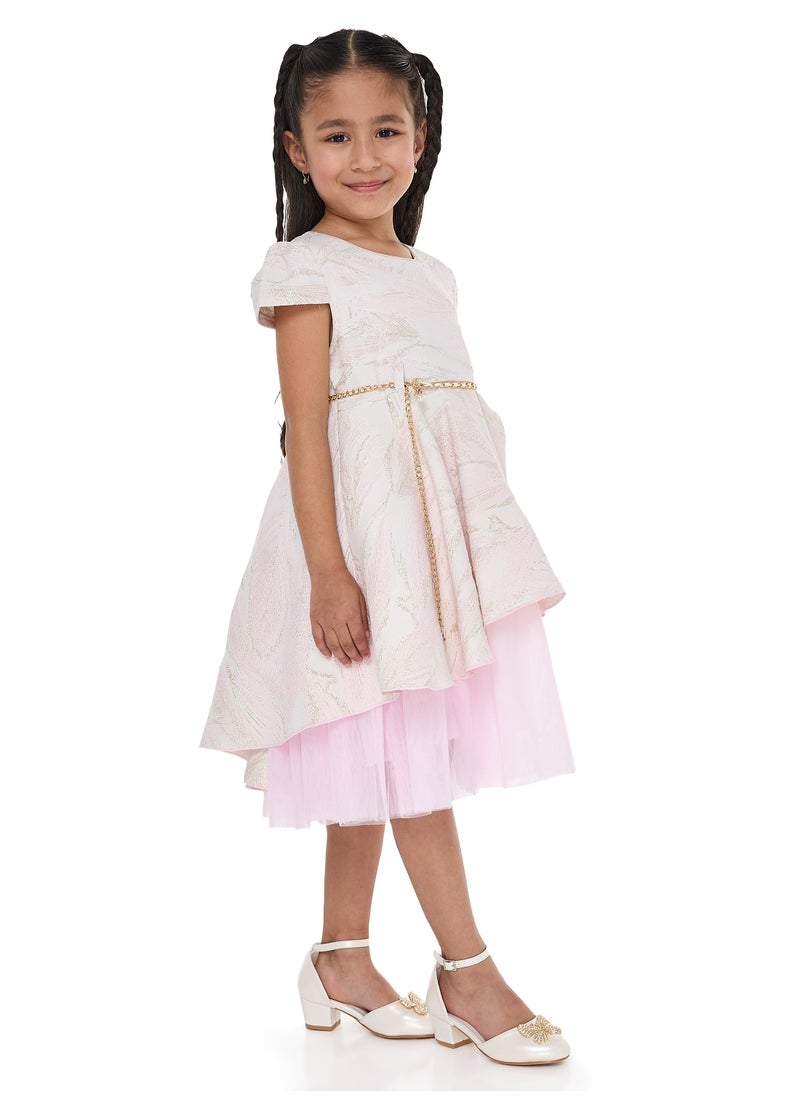 Girls Chic Pink/Gold Jacquard & Tulle Party Dress