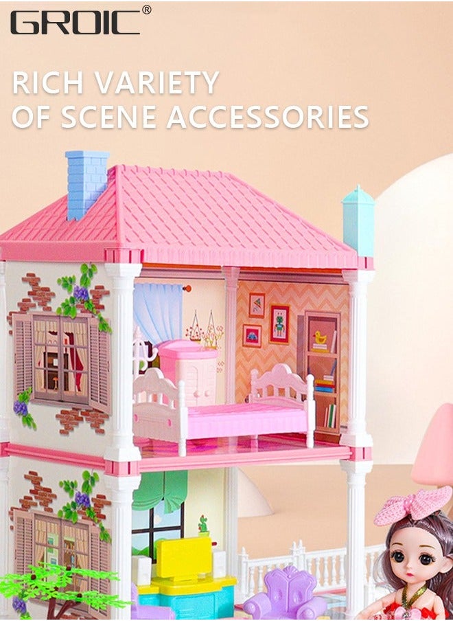 Dollhouse Dreamhouse Building Toys Figure Furniture, DIY House, Accessories, Pets & Dolls,Flashing Lights,Pink Play Dream House for Girls