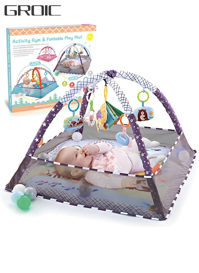 Baby Play Gym, Mat Newborn with Padded Base Lightweight Foam Stand, 5 Hanging Toys and 18 Ocean Balls Washable Playmats & Floor Gyms for 0-36 Months