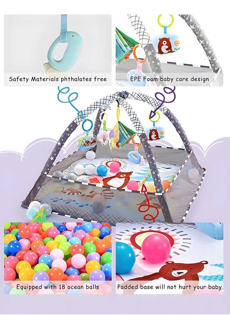 Baby Play Gym, Mat Newborn with Padded Base Lightweight Foam Stand, 5 Hanging Toys and 18 Ocean Balls Washable Playmats & Floor Gyms for 0-36 Months