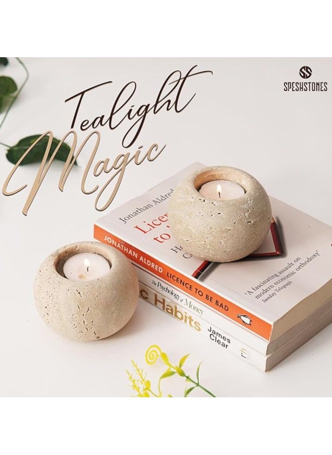 Travertine Marble Tealight Candle Holders Set of 2 | 3.5