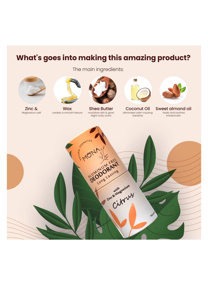 Mona Natural Aluminum-Free Deodorant for Sensitive Skin – Safe for Kids, Pregnant Women & Elderly – Long-Lasting Fresh Scent, Eco-Friendly Recyclable Packaging, Sustainable & Chemical-Free Body Deodorant for the Whole Family (Citrus)