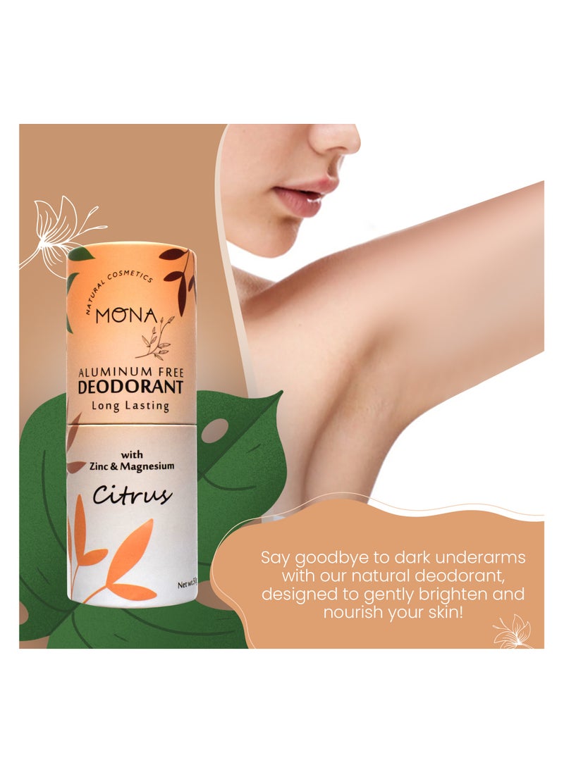 Mona Natural Aluminum-Free Deodorant for Sensitive Skin – Safe for Kids, Pregnant Women & Elderly – Long-Lasting Fresh Scent, Eco-Friendly Recyclable Packaging, Sustainable & Chemical-Free Body Deodorant for the Whole Family (Citrus)
