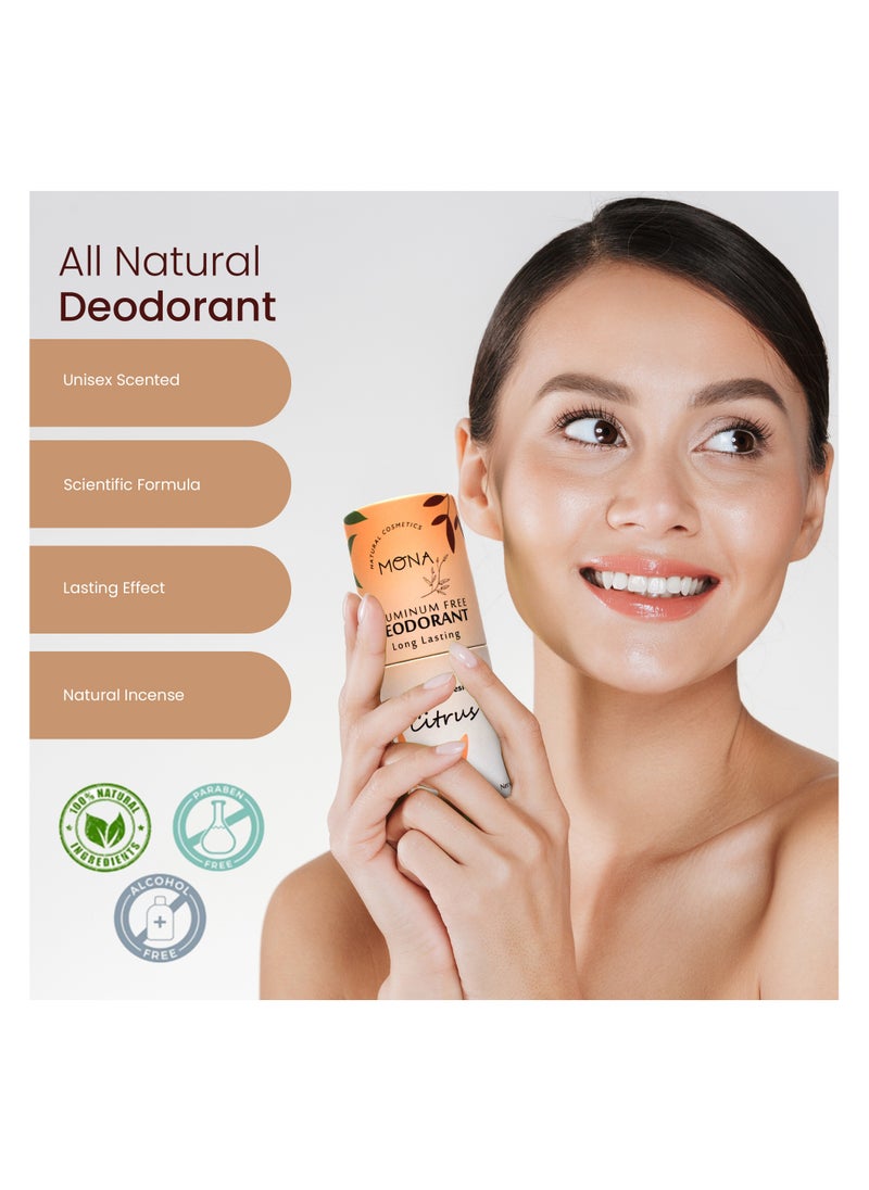 Mona Natural Aluminum-Free Deodorant for Sensitive Skin – Safe for Kids, Pregnant Women & Elderly – Long-Lasting Fresh Scent, Eco-Friendly Recyclable Packaging, Sustainable & Chemical-Free Body Deodorant for the Whole Family (Citrus)