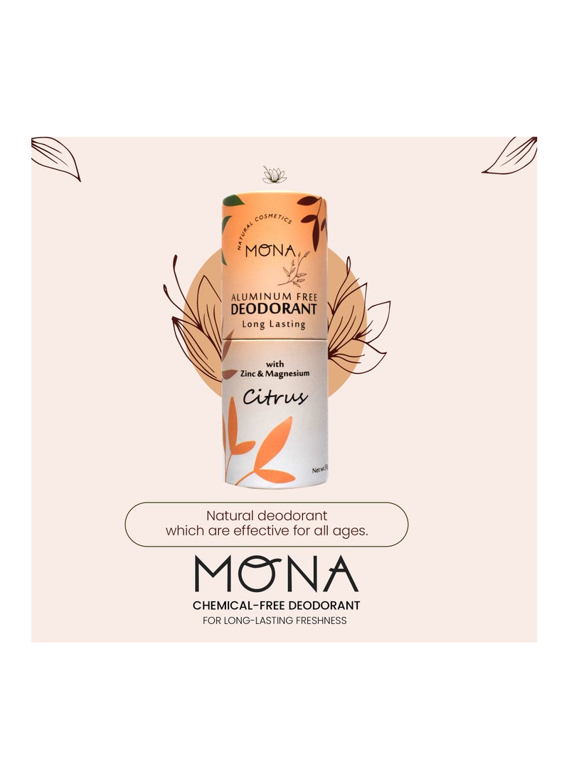 Mona Natural Aluminum-Free Deodorant for Sensitive Skin – Safe for Kids, Pregnant Women & Elderly – Long-Lasting Fresh Scent, Eco-Friendly Recyclable Packaging, Sustainable & Chemical-Free Body Deodorant for the Whole Family (Citrus)