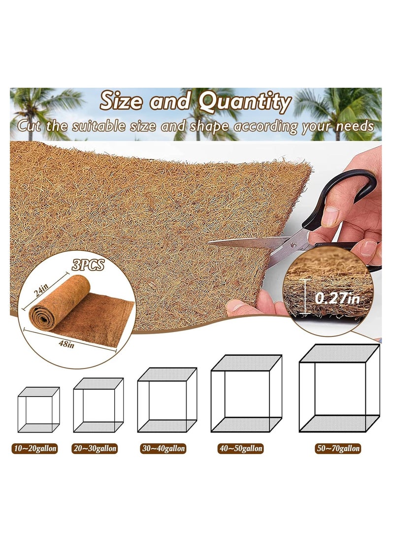 3 Rolls Reptile Carpet - 24 x 48 inches Natural Coconut Fiber Pet Mat, Tortoise Carpet Mat Coco Fiber Substrate Liner Pet Terrarium Liner for Lizard Turtle Gecko Bearded Dragon