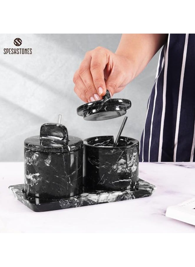 Marble Salt Cellar with Lid and Tray 3'' Inches Black Handmade Salt Containers for Countertop - Marble Salt Jar with Lid For Kitchen Table, Marble Kitchen Accessories