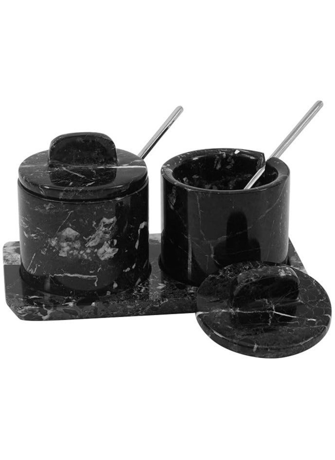 Marble Salt Cellar with Lid and Tray 3'' Inches Black Handmade Salt Containers for Countertop - Marble Salt Jar with Lid For Kitchen Table, Marble Kitchen Accessories