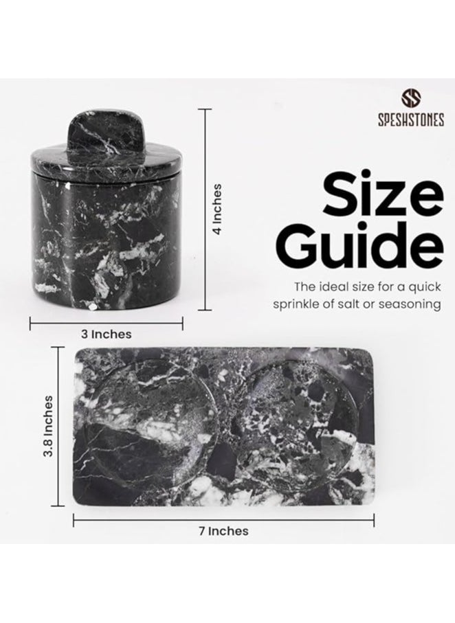Marble Salt Cellar with Lid and Tray 3'' Inches Black Handmade Salt Containers for Countertop - Marble Salt Jar with Lid For Kitchen Table, Marble Kitchen Accessories