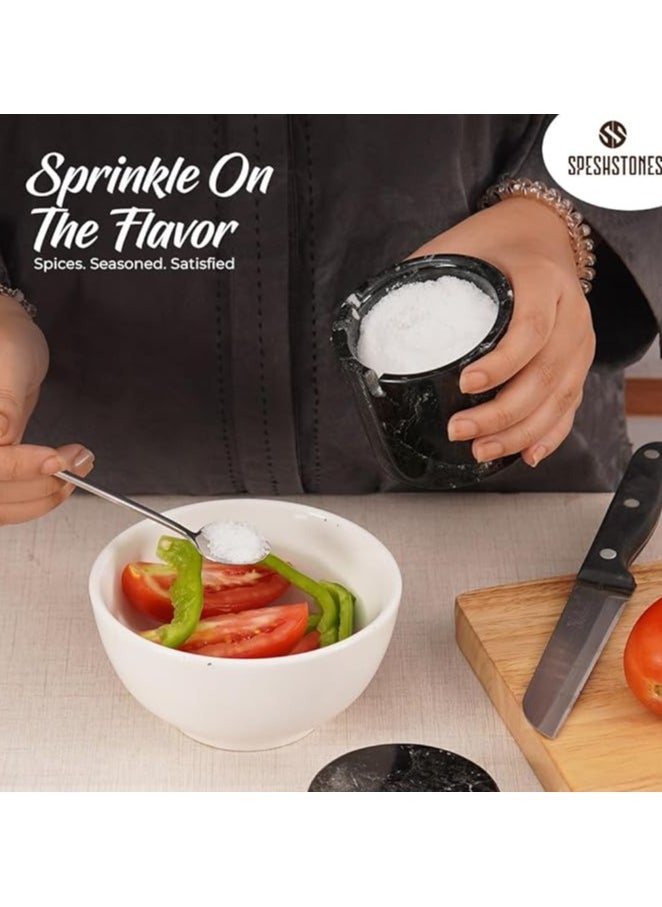 Marble Salt Cellar With Spoon 3'' Inches Black Salt Cellar Handmade Spice Jar Seasoning Conatiners For Vintage Kitchen Decor - Salt Conatiners For Countertop, Ideal Sugar Bowl