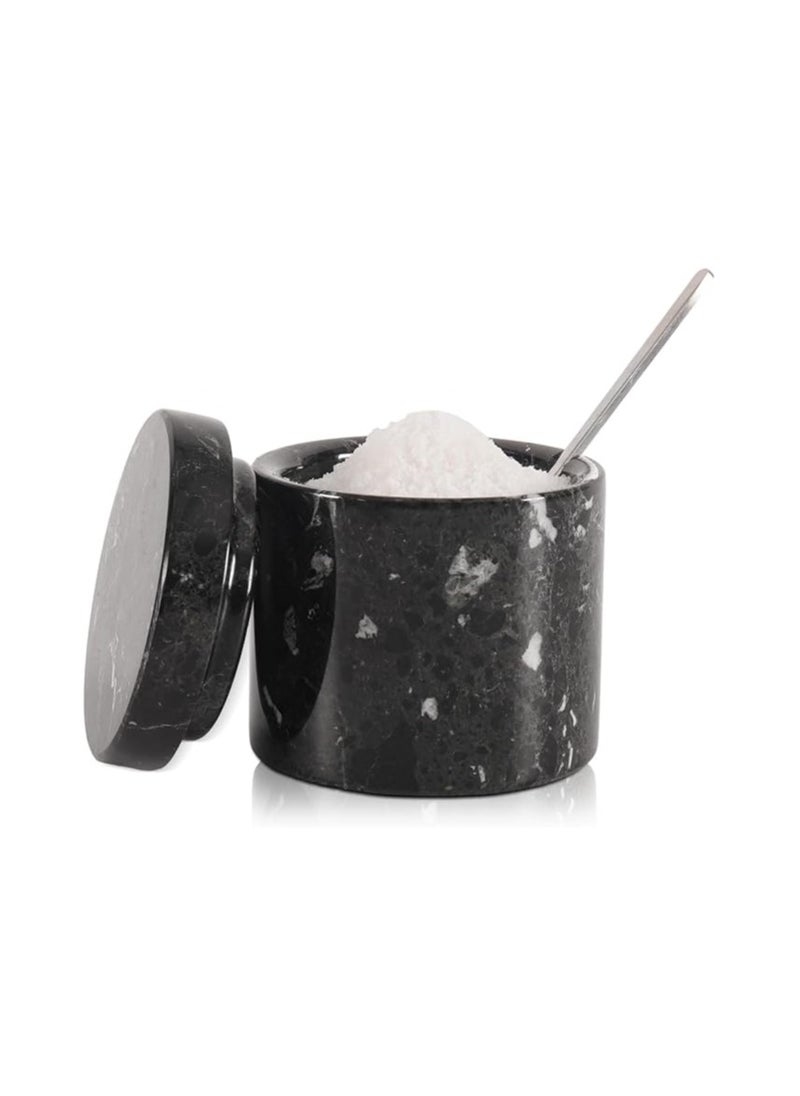 Marble Salt Cellar With Spoon 3'' Inches Black Salt Cellar Handmade Spice Jar Seasoning Conatiners For Vintage Kitchen Decor - Salt Conatiners For Countertop, Ideal Sugar Bowl