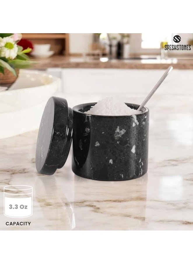 Marble Salt Cellar With Spoon 3'' Inches Black Salt Cellar Handmade Spice Jar Seasoning Conatiners For Vintage Kitchen Decor - Salt Conatiners For Countertop, Ideal Sugar Bowl