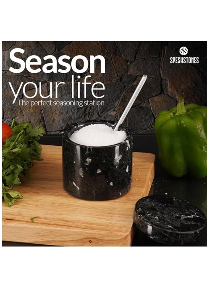 Marble Salt Cellar With Spoon 3'' Inches Black Salt Cellar Handmade Spice Jar Seasoning Conatiners For Vintage Kitchen Decor - Salt Conatiners For Countertop, Ideal Sugar Bowl