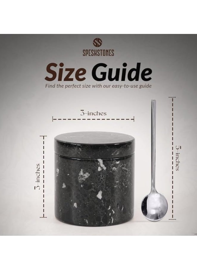 Marble Salt Cellar With Spoon 3'' Inches Black Salt Cellar Handmade Spice Jar Seasoning Conatiners For Vintage Kitchen Decor - Salt Conatiners For Countertop, Ideal Sugar Bowl