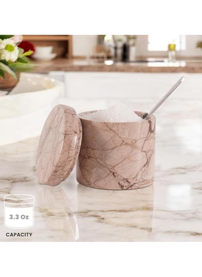 Marble Salt Cellar With Spoon 3'' Inches Marinara Handmade Salt Holder With Lid Kitchen Storage Accessories - Salt Container & Sugar Bowl, Spice Seasoning Containers for Kitchen Countertop
